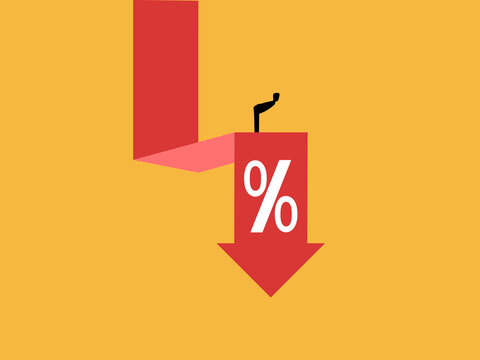businessman standing on a falling percentage graph, symbolizing the concept of declining interest rates