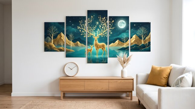 Modern living room interior featuring split panel golden deer wall art