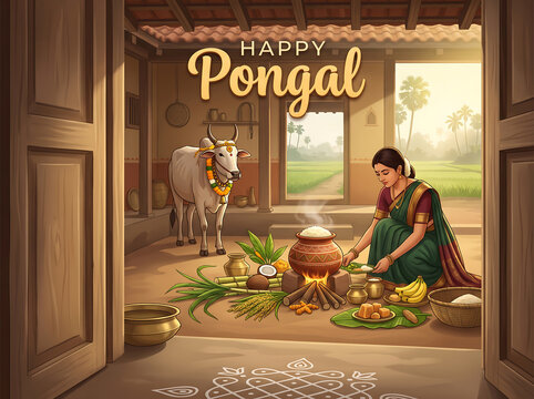 Traditional Pongal Festival A woman cooking traditional rice dish for pongal festival in india