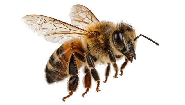 Furry honey bee with striped abdomen and transparent wings, isolated on transparent background