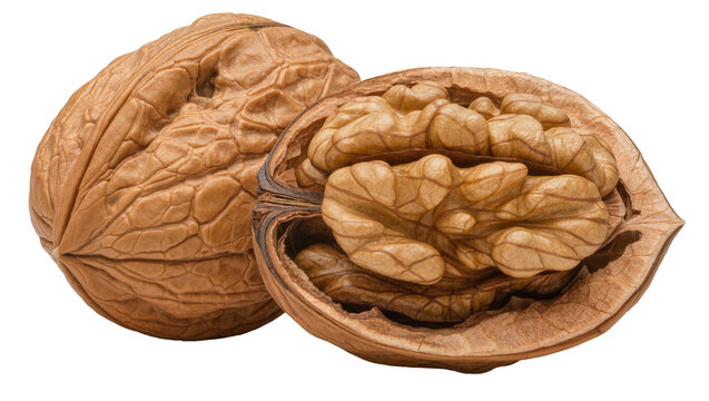 Whole and cracked walnut with textured shell and kernel, isolated on transparent background
