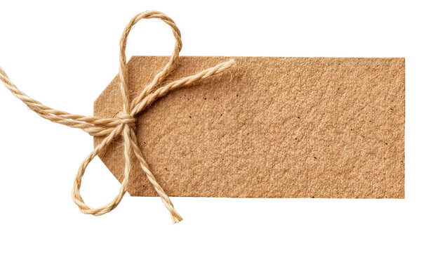 Brown kraft paper tag with jute twine bow, isolated on transparent background