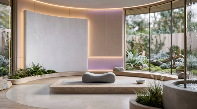 Tranquil zen meditation studio with garden view
