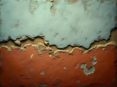 cracked concrete wall with peeling orange paint, vintage industrial texture background concept.