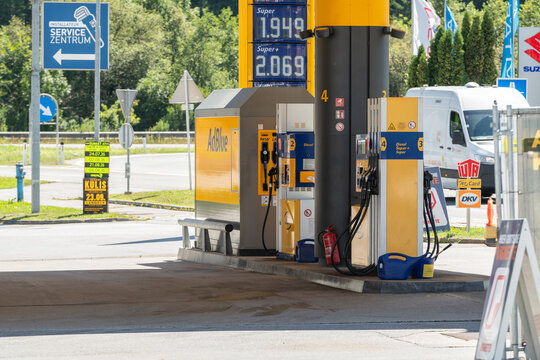 28 July 2026, Imst, Austria. JET fuel station with diesel, Super and AdBlue pumps and displayed fuel prices