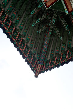 Colorful Dancheong Patterns under Eaves of Traditional Korean Architecture