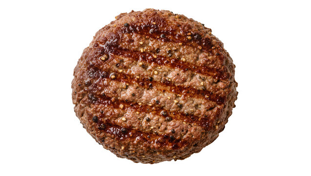 Juicy grilled beef burger patty with grill marks seasoned with pepper, isolated on transparent background