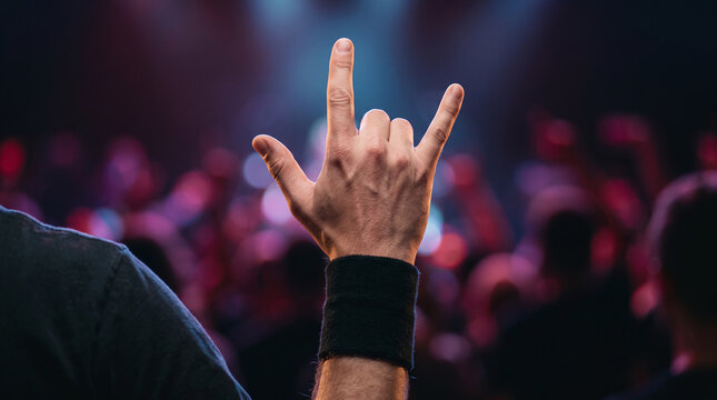 Raised horns gesture against a blurred concert crowd