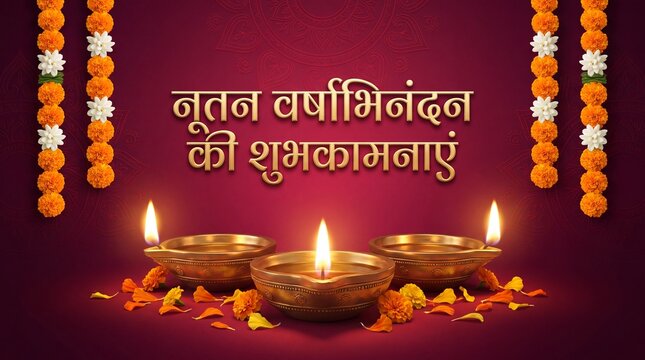Nutan Varshabhinandan', meaning 'Happy New Year' in Hindi language, India. Indian festival of lights, even called Diwali. Nutan varshabhinandan and Saal Mubarak Post Template in Hindi and Gujarati
