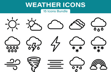 Fototapeta premium Weather Bold Stroke Line Art Set of 15 Forecast and Meteorology Vector Icons