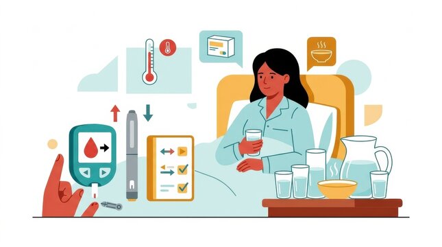 A person in a healthcare setting monitors blood glucose while receiving insulin treatment. Visuals include a thermometer and medication charts.