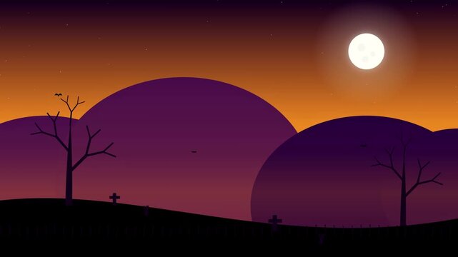 Spooky Halloween graveyard landscape background with full moon and silhouette trees