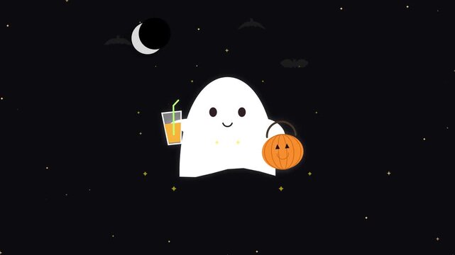 Cute cartoon ghost holding pumpkin bucket and drink on starry night background