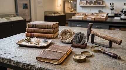 Fossil Research Table with Paleontology Books and Mineral Specimens © Rao