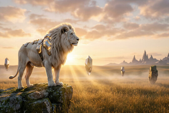 Hyperrealistic Cybernetic White Lion on Alien Savannah Rock at Dawn