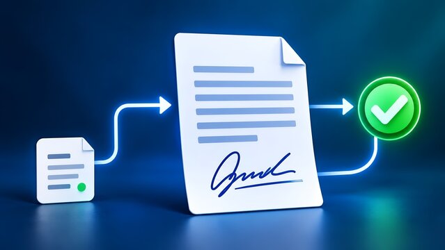 Digital document with electronic signature and green checkmark showing successful approval workflow process