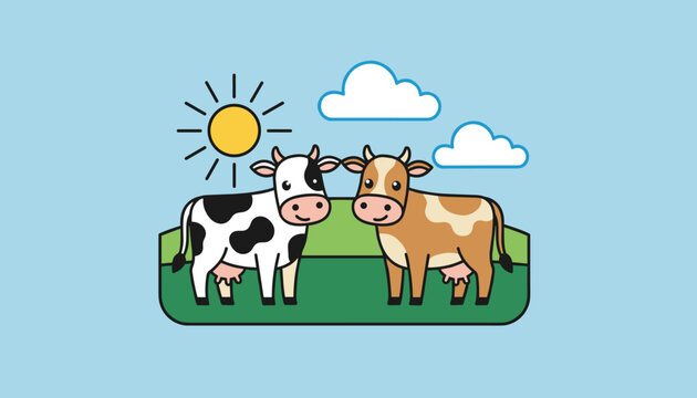 A cheerful countryside landscape illustration showcasing two cute dairy cows standing together in a lush green pasture under a bright sun.