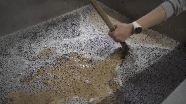 Close up of malt mash being stirred in hot water with a wooden paddle, showing foam and grain movement during beer production in a brewing vessel