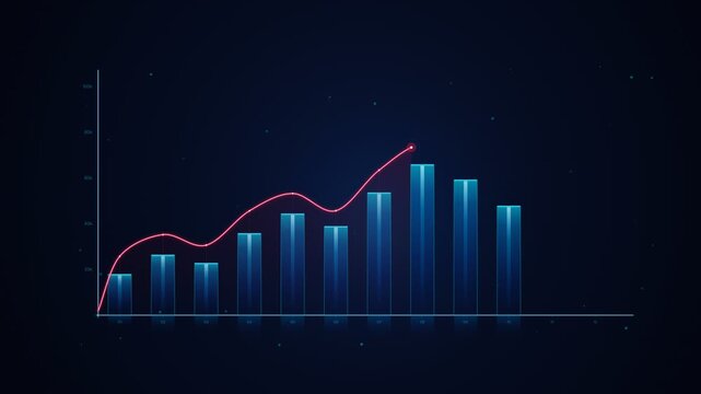 A futuristic bar graph with a glowing red line charting upward trends against a dark blue starry background