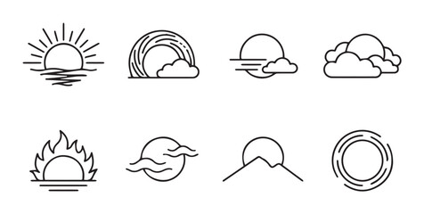 Fototapeta premium Weather icons set with sun, clouds, rainbow, and mountain line art for forecast and climate
