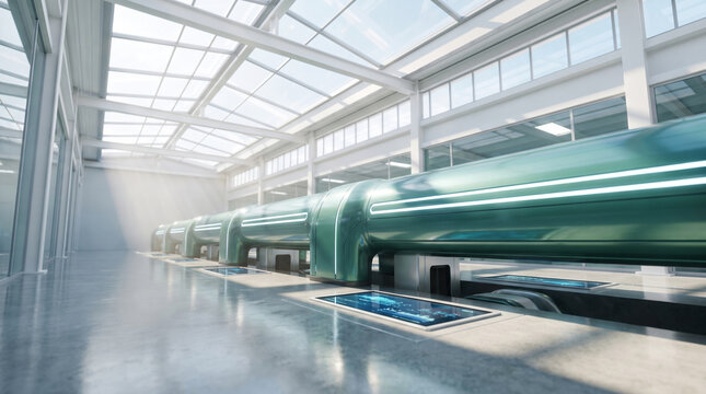 Futuristic teal industrial module and glowing digital floor screens in a modern, bright manufacturing facility.
