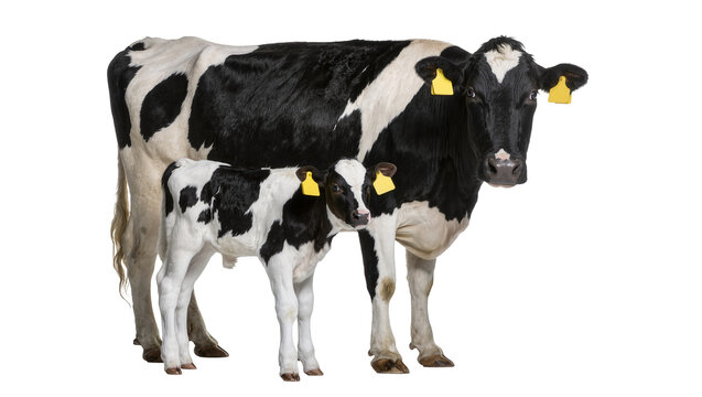 Black and white Holstein cow and calf with yellow ear tags, isolated on transparent background