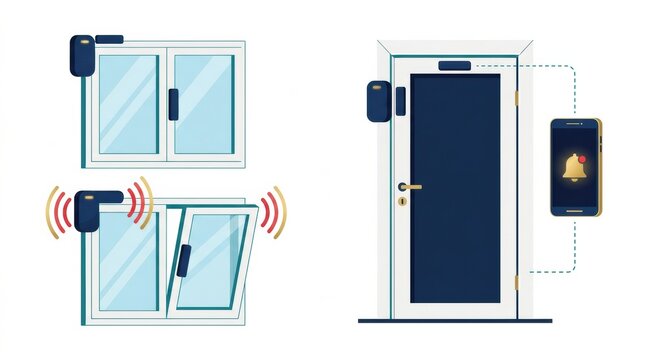 A security setup shows door and window sensors connected to a mobile device alerting users of potential breaches.