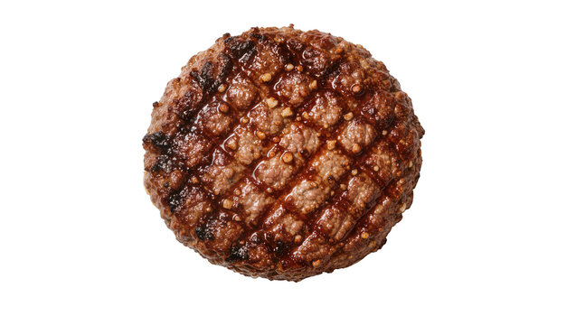 Juicy grilled beef burger patty with crisscross grill marks, isolated on transparent background
