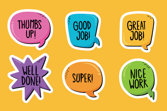Cute Motivational Speech Bubble Sticker Set - Hand Drawn Comic Chat Balloons with Positive Feedback Quotes Thumbs Up, Good Job, Great Job, Well Done, Super, and Nice Work on Yellow Background