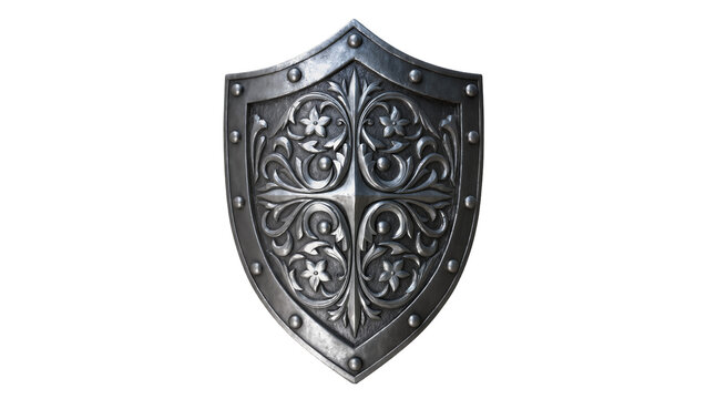 Ornate medieval metal shield with floral engravings, isolated on transparent background