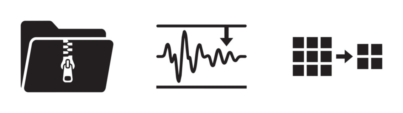 File compression and data reduction icons set with folder, waveform and grid transformation for technology