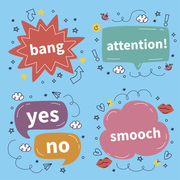 Comic Speech Bubble Vector Set - Doodle Chat Balloons and Pop Art Sound Effects with Words Bang, Attention, Yes, No, and Smooch on Sky Blue Background