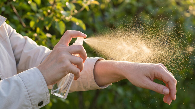 Woman applying tick repellent spray on her arm in a garden  