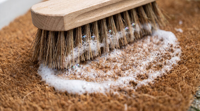 Cleaning a front door mat with a brush and soapy water  