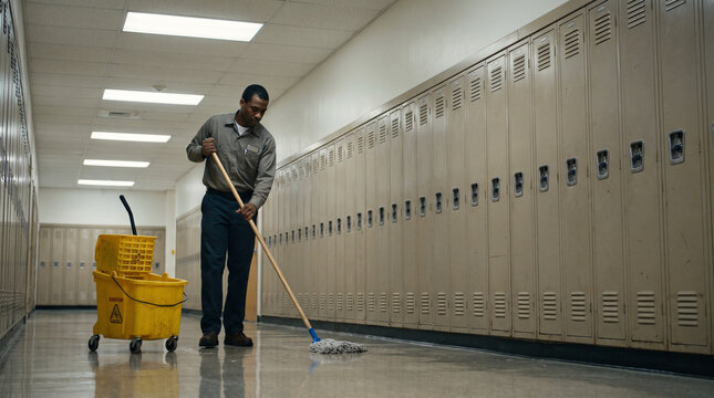 Man mopping hallway near lockers in a school environment  