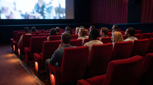 Audience watching preview trailers in a movie theater  