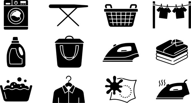 Vector illustration set of laundry care and garment icons featuring front load washing machine, ironing board, laundry hamper basket, clothes drying on washing line, liquid detergent bottle, hamper
