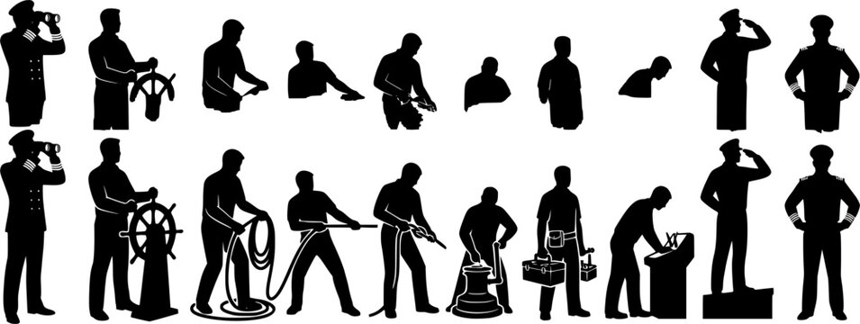 Vector illustration set of nautical ship crew and sea captain silhouettes showing both full body and half body avatars, featuring captain with binoculars, helmsman at ship wheel, deckhand pulling rope