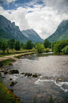 Beautiful mountain landscape in Prokletije National Park, Montenegro. Fast river flowing through scenic valley.