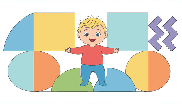Happy little boy standing among colorful geometric shapes and colorful blocks in a playful educational vector illustration.