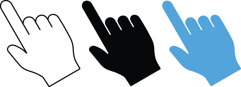 Hand pointer cursor icon set in outline, solid black, and blue styles for web click, navigation, and mouse pointer concepts