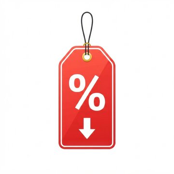 A red tag showing a percentage symbol and an arrow down. This tag is used for advertising discounts in a retail environment.