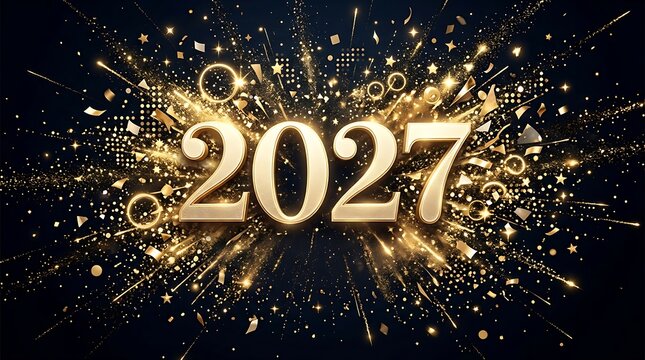 Celebration fireworks explosion with shiny 2027 year text in dark space