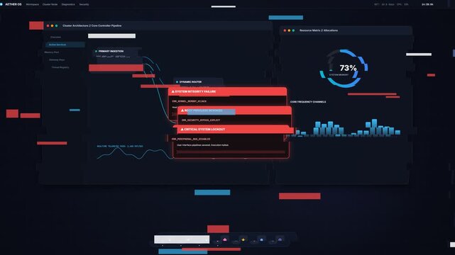 Advanced system dashboard displaying critical error messages and performance metrics against a futuristic digital interface with vibrant neon colors