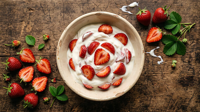 Yogurt with sliced strawberries arranged in a ceramic bowl on a rustic wooden surface