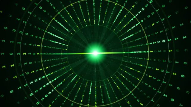Digital binary code radiating from a glowing green center in a futuristic circular pattern against a dark background