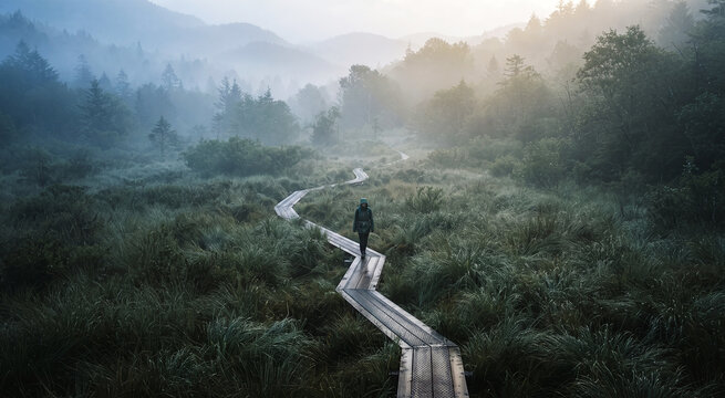 Solitary figure seen from a distant elevated viewpoint crossing a narrow wooden trail through tall mist-covered forest grasses, human form intentionally tiny within the landscape.