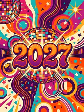 Vibrant 2027 neon party digital illustration with colorful retro disco elements