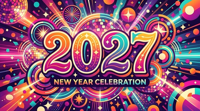 Colorful 2027 new year celebration with fireworks and confetti party design