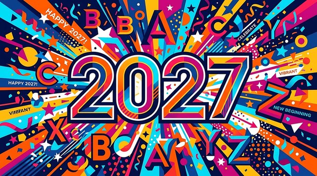 Happy colorful 2027 new year celebration party poster with confetti and fireworks